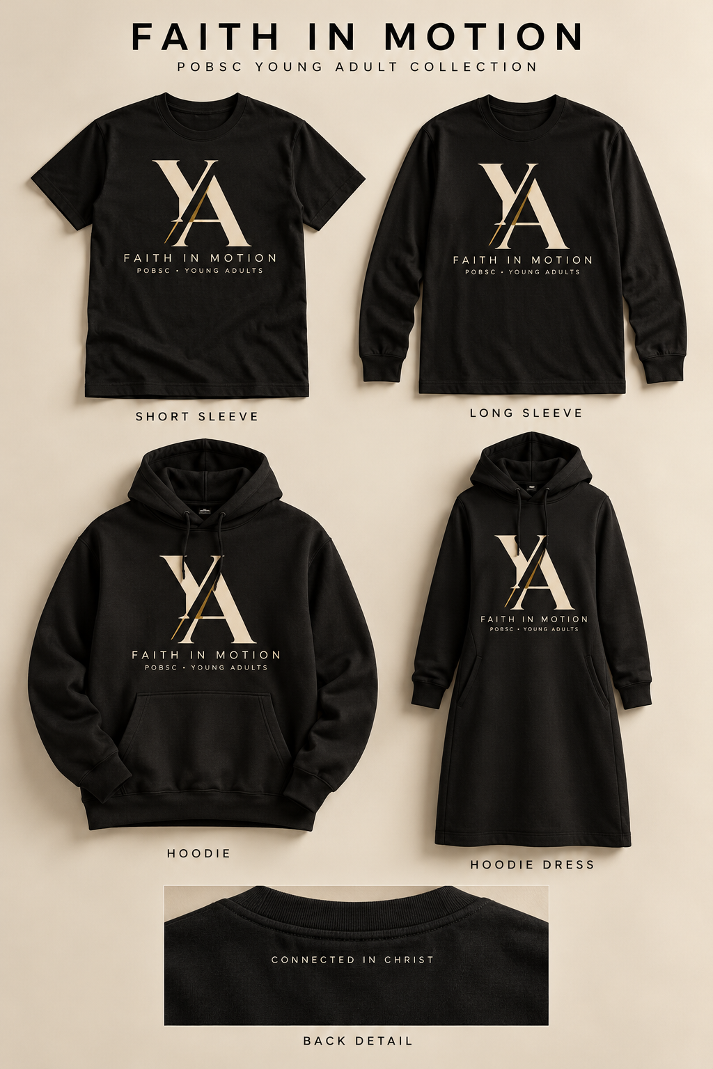 Black POBSC Young Adult short-sleeve and long-sleeve shirts, hoodie and hoodie dress with cream YA monogram